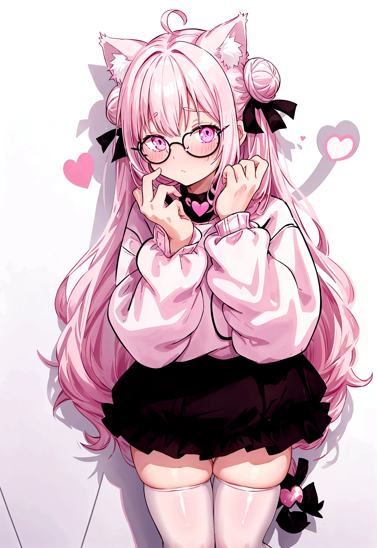 I have white pink hair, cat ears, a bun, my face is super blushing, black glasses, pink heart eyes, a big pink sweatshirt, a black skirt, black stockings, white shoes, a cat&#39;s tail, a girl. very shy that she is glued to a wall with her butt