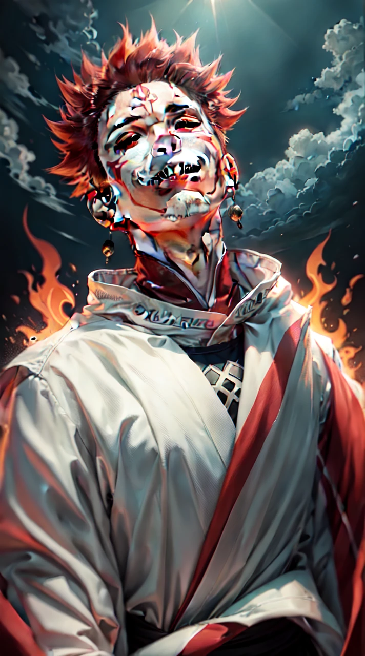 a young man in the story series "Jujutsu kaisen" named "itadori yuji" with a tattooed face, brown eyes, bright red hair, is using the demon domain technique (SUKUNA), and a white kimono shirt, filled with an evil aura colored red, black, with realistic visual effects.