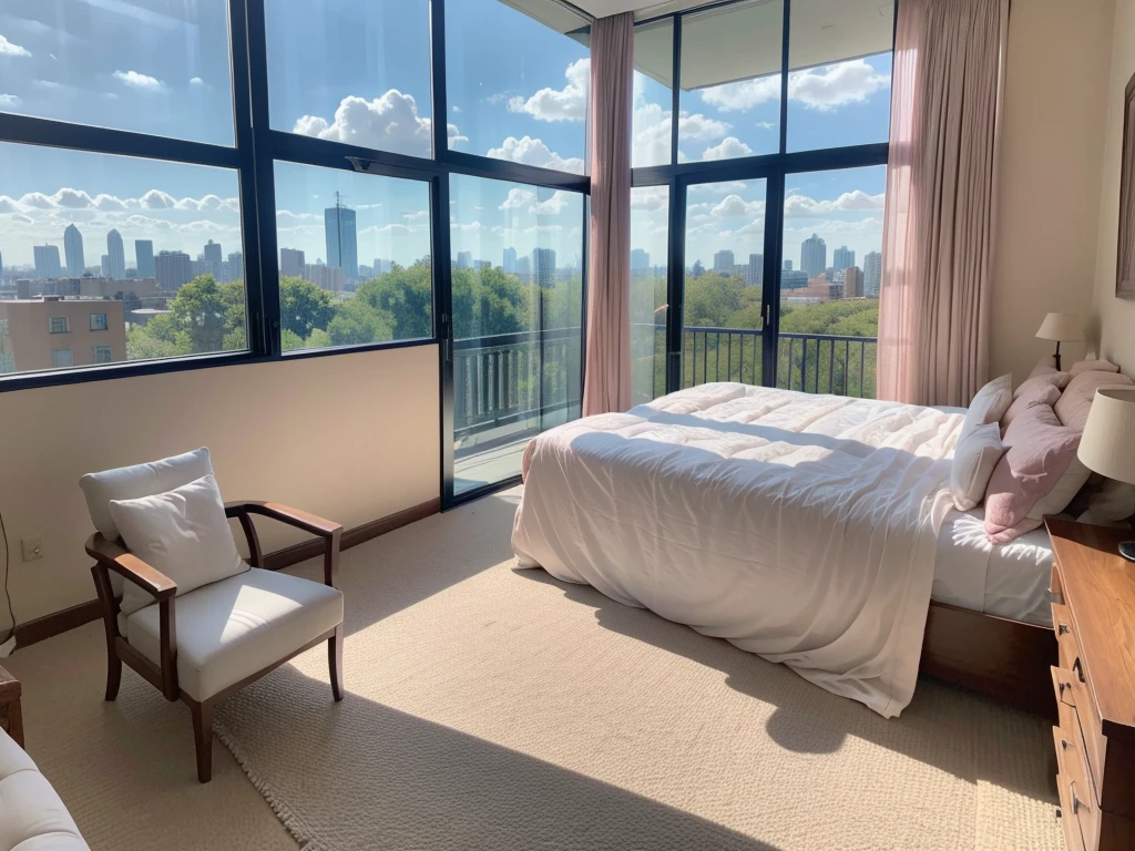 8K HD,3:4 scale size pictures,Portrait orientation photos,Vertical photo,Blue sky and white clouds,Glass House,Glass House,There is a big pink bed in the room,There is a table here,TV,There is a bookcase,Pink Curtains,Large glass windows all around,Overlooking the panoramic view,The most important thing is to have a big bed,Outside the window is the city scenery and tall buildings