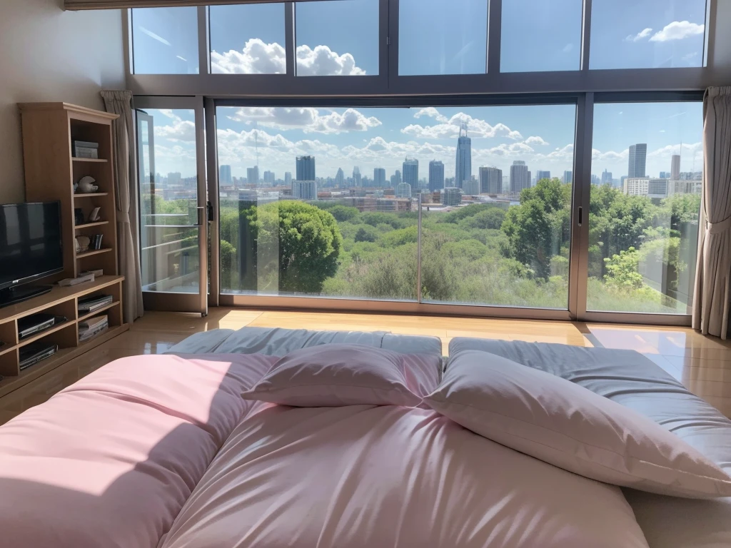 8K HD,3:4 scale size pictures,Portrait orientation photos,Vertical photo,Blue sky and white clouds,Glass House,Glass House,There is a big pink bed in the room,There is a table here,TV,There is a bookcase,Pink Curtains,Large glass windows all around,Overlooking the panoramic view,The most important thing is to have a big bed,Outside the window is the city scenery and tall buildings