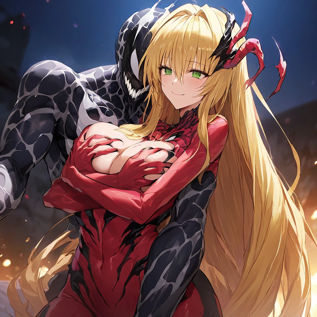 ((Highest quality)), ((masterpiece)), (detailed), （Perfect Face）、The Venom woman is Tearju, a green-eyed, blonde, medium-long-haired female Venom who has completely transformed into Venom and is wearing a red Venom suit that fits her entire body, including her head, covering the entire woman, and she has been reborn as the complete Venom Queen.、The woman is happily snuggling up to the male Venom King and holding a Venom baby.、The man is a Venom King with a strong and dignified body based on dark blue, and he is loved.、A happy and loving couple, King and Queen