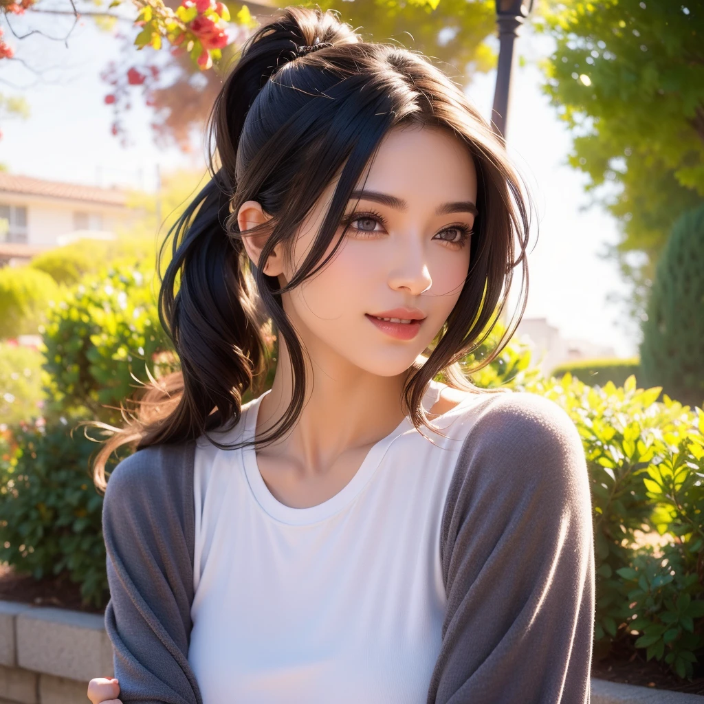 a gorgeous milf with rosy cheeks, smiling shyly, medium length hair in ponytail, casual sexy outfit, lover, outdoor, dating, intimate, detailed face, beautiful eyes, lush lips, intricate hairstyle, warm lighting, soft focus, photorealistic, cinematic composition, romantic atmosphere, (best quality,4k,8k,highres,masterpiece:1.2),ultra-detailed,(realistic,photorealistic,photo-realistic:1.37),HDR,UHD,studio lighting,ultra-fine painting,sharp focus,physically-based rendering,extreme detail description,professional,vivid colors,bokeh,portrait
