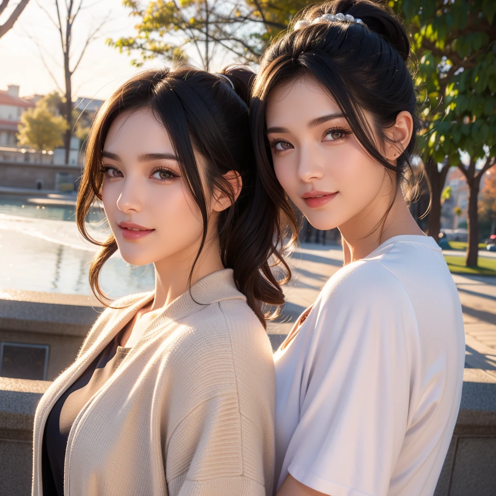 beautiful young woman, two girls, short hair, ponytail, medium long hair, twins, casual outfit, t-shirt, jacket, outdoor date setting, lover, couple, detailed face, alluring eyes, full lips, large bust, soft lighting, warm colors, photorealistic, 8k, cinematic, beautiful detailed eyes, beautiful detailed lips, extremely detailed face and eyes, long eyelashes, intricate clothing textures, elegant posing, warm smile, romantic atmosphere