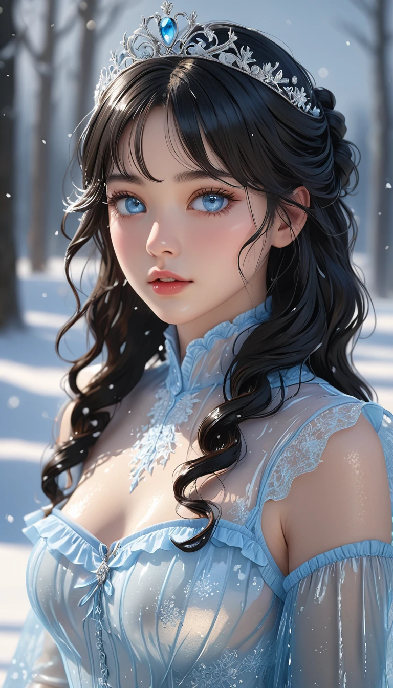 (((masterpiece))),best quality,illustration,UHD, high details, highres, 8k, 16k, high quality, best quality, super detail, textured skin, masterpiece, accurate, anatomically correct, award winning,movie lighting,absurd,1 girl,(snow,ice),tiara,in winter,(pale blue eyes),longeyelashes,pupils sparkling,(black hair),shiny hair,medium hair style,curls,transparent clothes,frills,lace,wet clothes,leave_Shoulder,hair tie,masterpiece,telephoto lens,absurd,Exquisite face,features,natural light,soft light,(Seven-part combination),epic,Dreamy and magical,mystery,