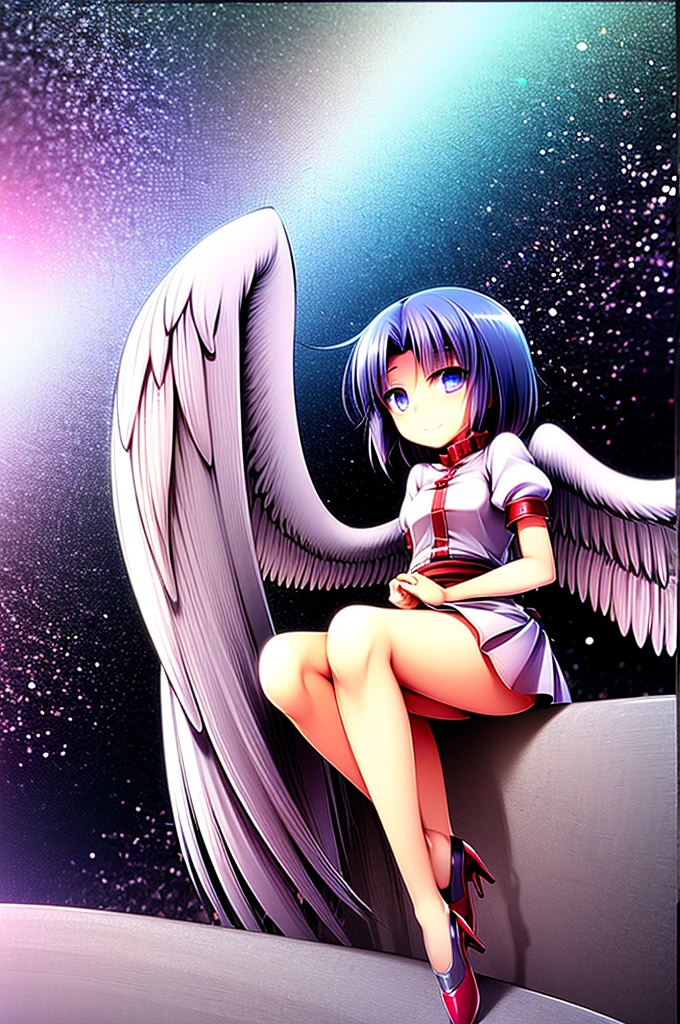 (best quality,4k,8k,highres,masterpiece:1.2), ultra-detailed, highly detailed texture, intricate details, A cute age angel with blue eyes, drawn in anime style, 1girl, , , 10 ydium blue hair, hair flaps, pink ribbon on head, well-formed face, blue eyes, angel girl, white blouse, puffy short sleeves, red ribbon, angel wings, long white skirt, red shoes, frills, ribbon head, A pair of angel wings on the back