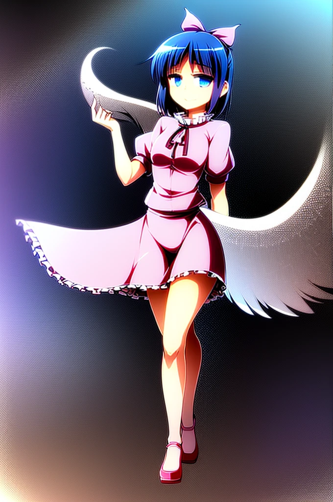 Tomoko (sora no otoshimono), metal collar, ahoge, black hair, brown eyes,hair_ clip, short hair, large breast,  genderswap, genderswap (mtf), robot ears, angel wings , white footwear,  white gloves,  white wings, wings, 	sleeveless, sleeveless dress, short dress, sora no otoshimono, Modern Anime Screencap (Style), Doll Eyes , tongue out, ikaros, A small chain connecting to the metal collar, 
