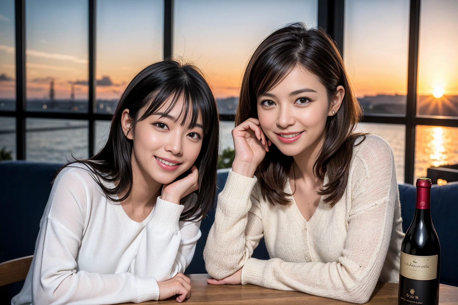 ((Highest quality、、masterpiece:1.3))、1 male、1 female、42 years old 44 years old、Slim Beauty、Beautiful couple、Upper Body、smile、 (Slim face), (the body is スリム), (Brown Hair), (Shortcuts), テーブルのフルコースディナーとwine glass、Amazing view of the sunset sky and clouds、smileの美しさ、Wine bottle、sparkling wine、Long sleeve shirt、dress、White wine, red wine, wine glass, Beautiful fine grain, Depth f/2,saturation, High Contrast, Strong light and shadow,Moist Body:1.5、3D texture、The hair is very shiny、