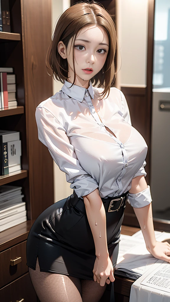 1girl in, A MILF,POV, 1boy,  between breasts,   , Sweat, cleavage, , , Room, full of sweat, Large breasts, motion line, motion-blur, Warm summer, white  shirt, A MILF,astonished face、Precise features and delicate expressions,40 years,huge breasts are wet,Very beautiful woman,、((trembling))、(Slim and thick ),Toned body、Composition of the whole body、Perfect human body、(((Kyoka Tachibana、Oil,gleaming skin、realistic skin textures、Detailed beautiful skin、Shiny skin、shiny white skin)))、Female teacher looking for books in the library、a short skirt、Stretch your back、Long body、beauty legs、garterbelts、fishnet tights、