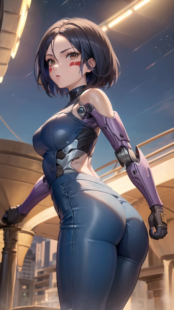 1girl, (masterpiece:1.3), high resolution), (8K), (extremely detailed), (4k), (pixiv), perfect face, nice eyes and face, (best quality), (super detailed), detailed face and eyes, (solo), large ass, wide hips, textured skin, absurdres, highres, gallywz, red facepaint, bare shoulders, mechanical arms,(mechanical hands:1.1),  robot, facial mark, (purple leotard:1.1), (blue pants:1.1),cyberpunk, brown eyes, black hair, short hair, looking at viewer, cowboy shot, standing, outdoors, night, city, medium breasts, 