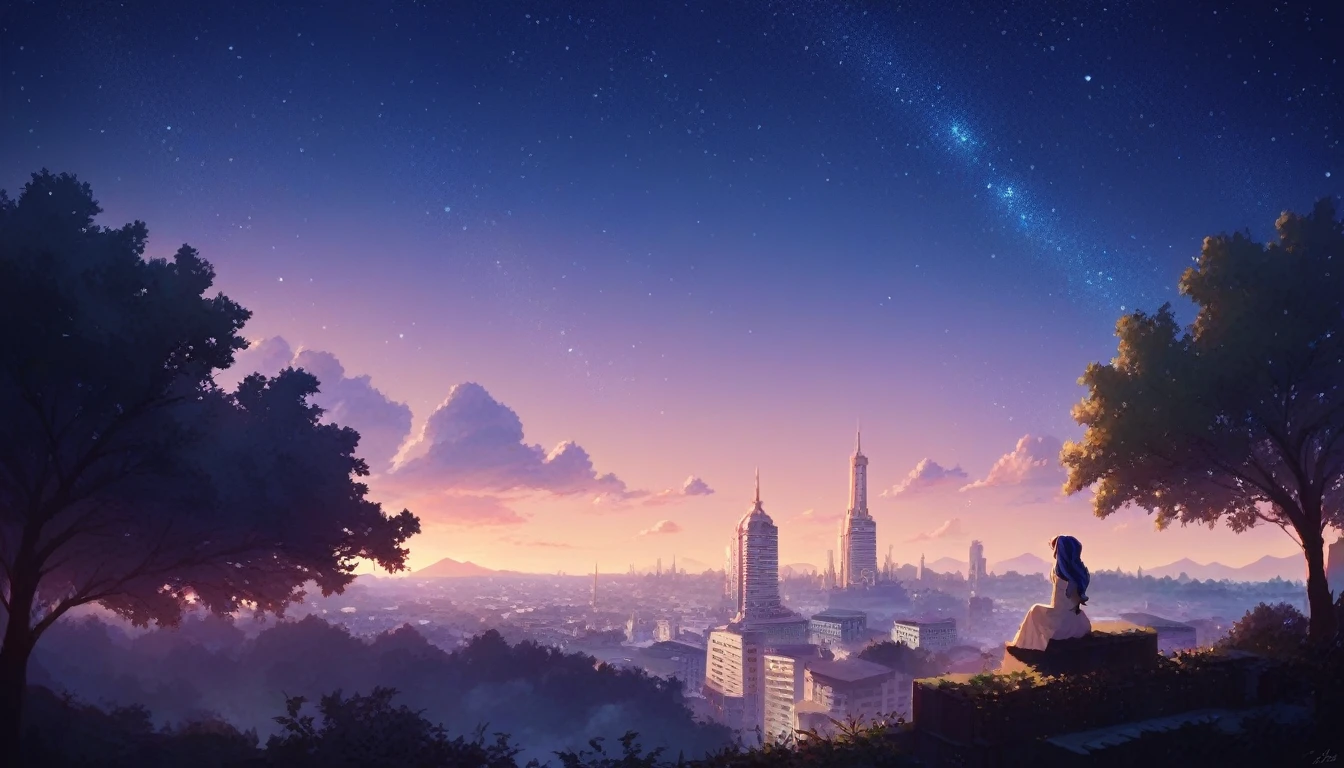masterpiece, octane, sky, stars (sky), scenery, starry sky, night, one girl, night sky, alone, outdoors, buildings, clouds, milky way, sitting, trees, long hair, city, silhouette, city scape,masterpiece,32k
