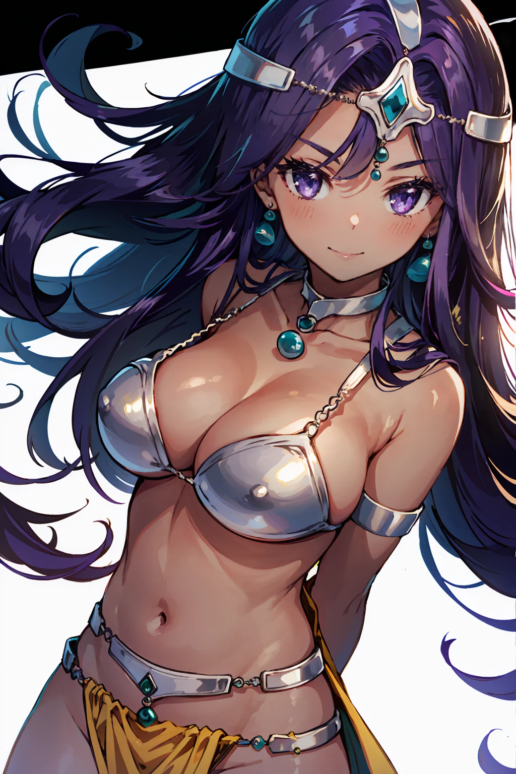 1girl, solo, dqManya, white background, cowboy shot, purple hair, bikini, loincloth, large breasts, cleavage, soft stomach, circlet, earrings, choker, bracelet, armlet, closed mouth, smile, blush