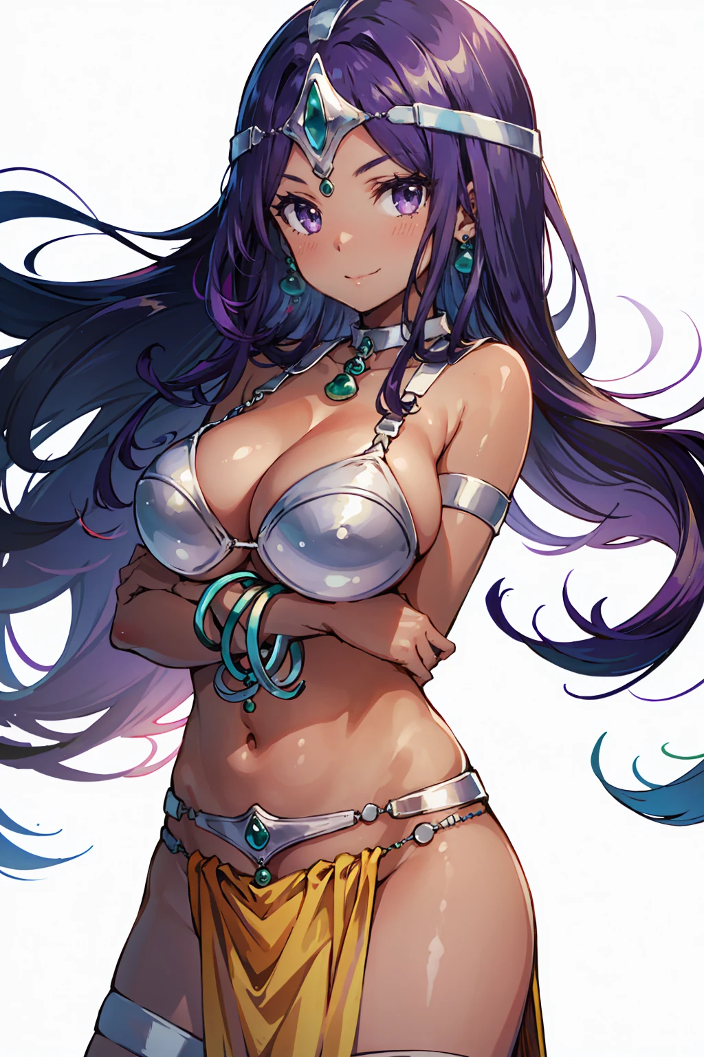 1girl, solo, dqManya, white background, cowboy shot, purple hair, bikini, loincloth, large breasts, cleavage, soft stomach, circlet, earrings, choker, bracelet, armlet, closed mouth, smile, blush