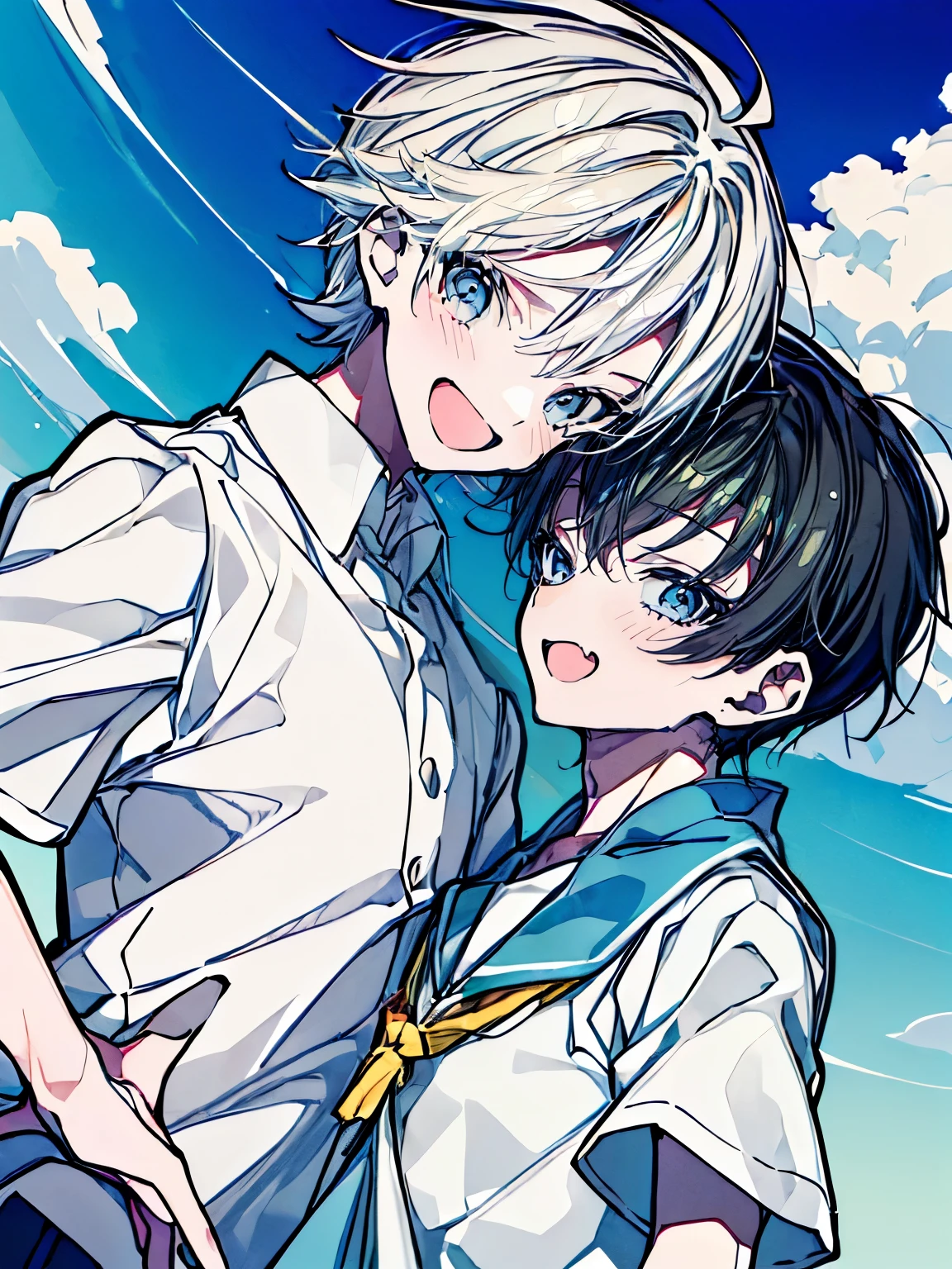(Mastepiece), (Best Quality), Very detailed, (Two friendly boys:1.5),High school boys、Shooting from below、Solo Shooting,Perfect Face, Beautiful Face, Very detailed顔,(黒髪のHigh school boys1人:1.3),(白髪のHigh school boys1人:1.3)、(short hair:1.3)、(Happy Face:1.4),(Laughing with your mouth open:1.3),(Short-sleeved white shirt:1.4)、(Windになびく髪:1.uth:1.3)、The atmosphere that seems to disappear,(blue sky_cumulonimbus)、summer、ephemeral、Sweat、Wind、sunlight