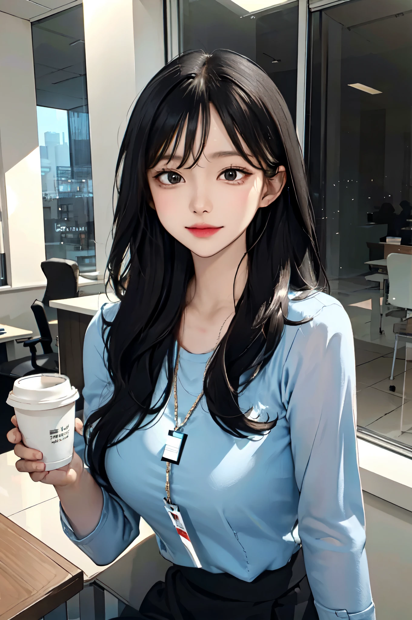 1lady sitting, holding a coffee cup, office worker outfit, /(id card lanyard/), mature female, /(black hair/) bangs, (masterpiece best quality:1.2) delicate illustration ultra-detailed, large breasts BREAK /(modern office indoors/), window skyscraper