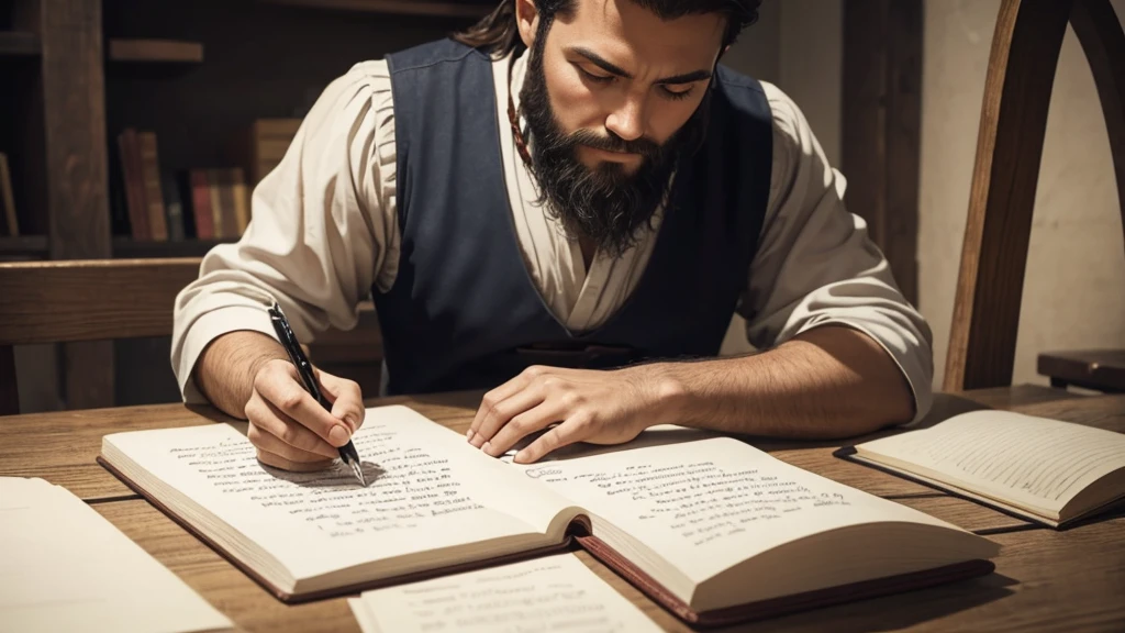 generate an image of the apostle paul, writing on parchment on a table