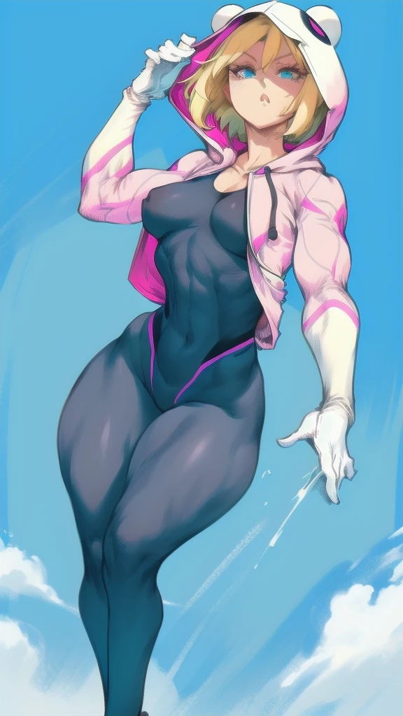 Full body image of Gwen Stacy as Spider-Gwen, full body in image, wearing her original Spider-Gwen outfit (white, black, and pink hooded suit with web patterns on the inside of the hood, white gloves, and blue ballet shoes), short blonde hair with the hood partially down, female body, slender and athletic body, dynamic pose, detailed pose, simple background, expressive face showing determination, focus on face, line art, sketch