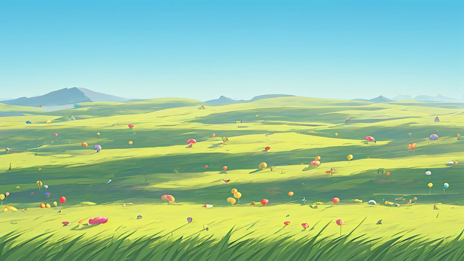 In the middle of the picture is a candy factory, located in the middle, front, foreground and both sides are open grassland, the horizon is 1/4 of the distance. Extreme quality front view