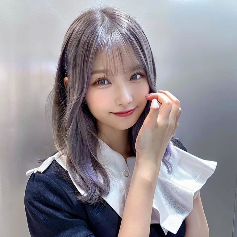 One girl,Beautiful vintage colors, Instagram (photoRealistic, High resolution:1.4), ((Puffy eyes)), View your viewers, , whole body (8K, RAW Photos, Highest quality, masterpiece:1.2), (Realistic, photo-Realistic:1.37),(Sharp focus:1.2), Professional Lighting, Photon Mapping, Radio City, Physically Based Rendering, (Pale skin:1.2),(Small breasts:1.2), View your viewers, (Mid-length hair:1.5), Portraiture, Purple eyes, (Silver Hair:1.1),bangs, (Simple Background:1.4), alone, Upper Body, Realistic,(masterpiece:1.4),(Highest quality:1.4),(Shiny skin),Fashionable Girl,compensate,smile(skinny,Mouth closed,shy :1.3) ,(Are standing,Black stewardess uniform,Necromancer:1.1),Medium Bust,Sexy pose ,whole body