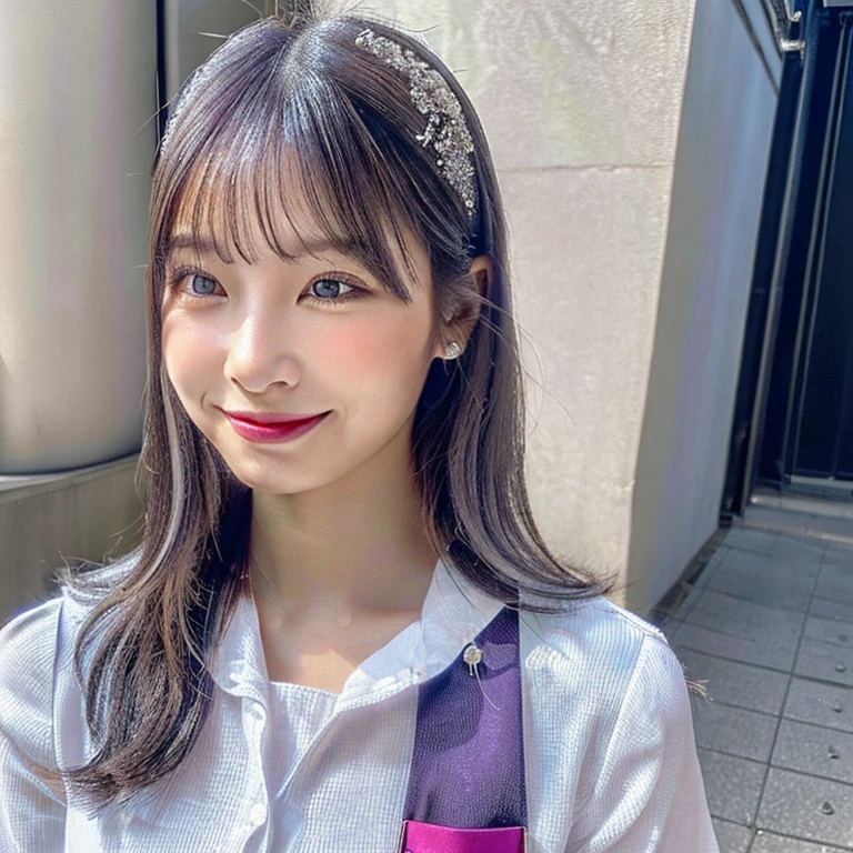 One girl,Beautiful vintage colors, Instagram (photoRealistic, High resolution:1.4), ((Puffy eyes)), View your viewers, , whole body (8K, RAW Photos, Highest quality, masterpiece:1.2), (Realistic, photo-Realistic:1.37),(Sharp focus:1.2), Professional Lighting, Photon Mapping, Radio City, Physically Based Rendering, (Pale skin:1.2),(Small breasts:1.2), View your viewers, (Mid-length hair:1.5), Portraiture, Purple eyes, (Silver Hair:1.1),bangs, (Simple Background:1.4), alone, Upper Body, Realistic,(masterpiece:1.4),(Highest quality:1.4),(Shiny skin),Fashionable Girl,compensate,smile(skinny,Mouth closed,shy :1.3) ,(Are standing,Black stewardess uniform,Necromancer:1.1),Medium Bust,Sexy pose ,whole body