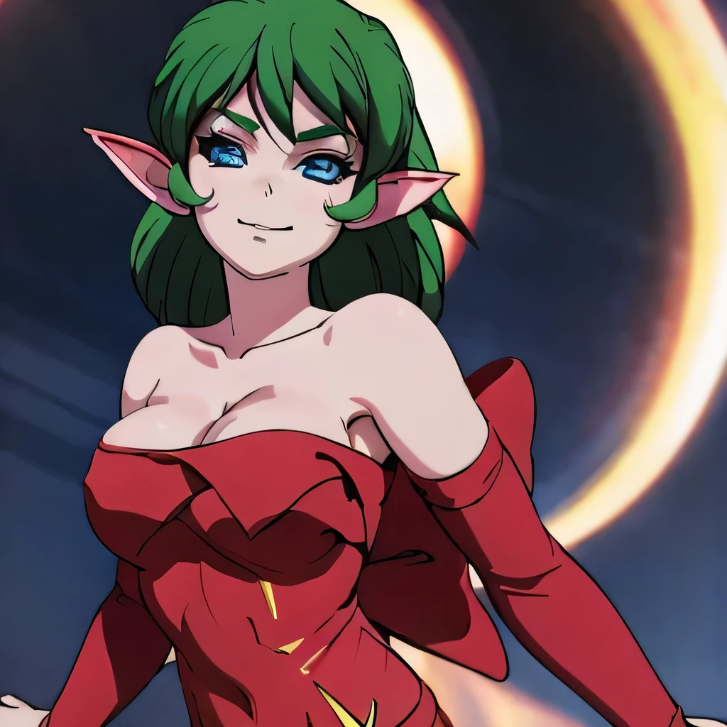 ((masterpiece,best quality,ultra-delicate,Perfect Face,16k,high resolution,very beautiful girl)),medium short green hair, seductive pose,Red strapless bodycon tube dress ,Red long arm sleeves,red high heels,Elf Girl,huge Breasts,blue eyes,Beautiful smile,20 years old