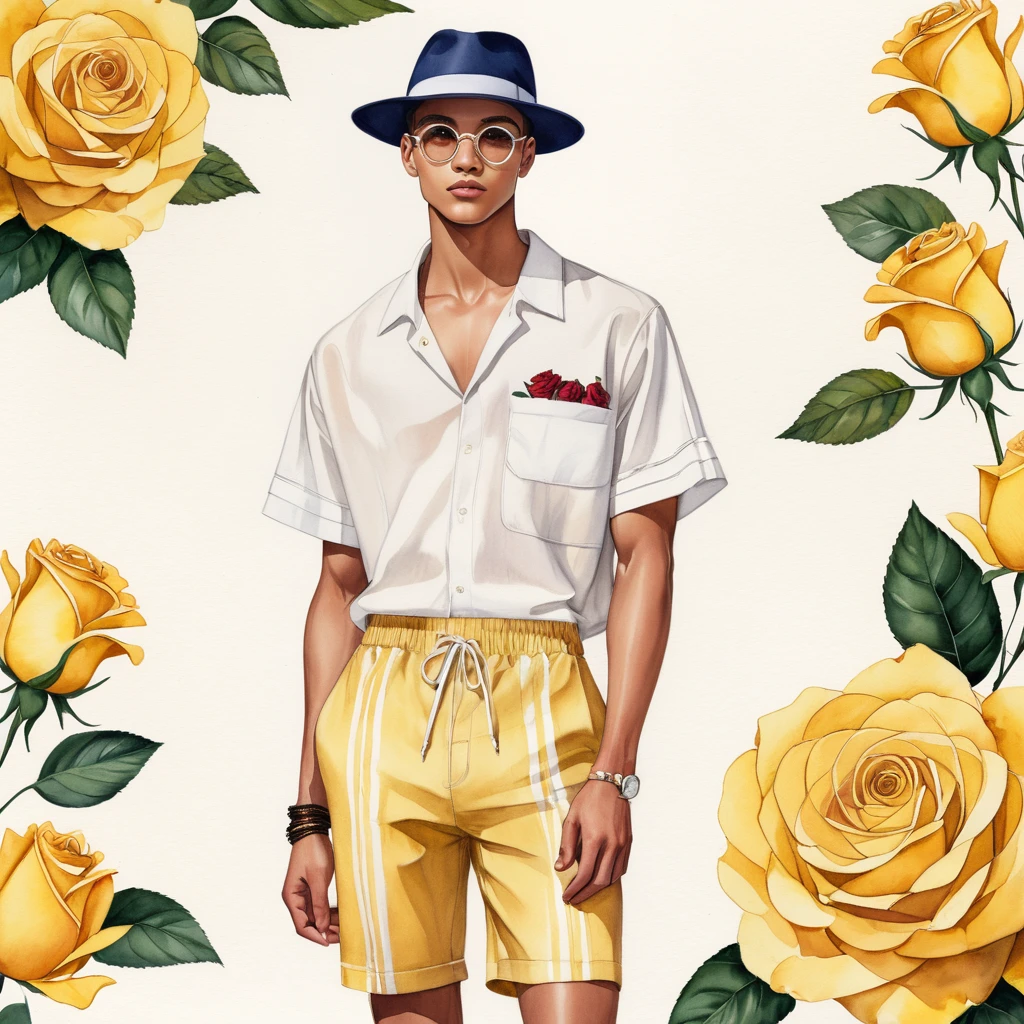 candid fashion illustration of young Mixed race 2man, both aged 18-23 year old, short curly hair, ((showcase fashion look book in linen outfits)), the design inspired of The Charles Darwin rose by David Austin, in elegant chic style. The man wears an oversized short-sleeved shirt with a minimal rose embroidery details, paired with relaxed-fit white Short with Drawstring, He completes his look with sneakers, round glasses. The boyfriend complements him in a  skinny fitted speedo in a stripe pattern, semi bulge, He resemble includes an accessorizes with hat and sneakers, Captured in a low angle, ((full-body image)), ((roses motifs background)), fashion sketching, realistic drawing, ((imperfect water color drawing background)), fashion look book, fashion illustrator, fashion sketch design, gay, gay couple, Charles Darwin rose,  yellow color, The blooms are large and full, with a deep, buttery yellow hue that can sometimes have soft, darker shades of yellow toward the center.