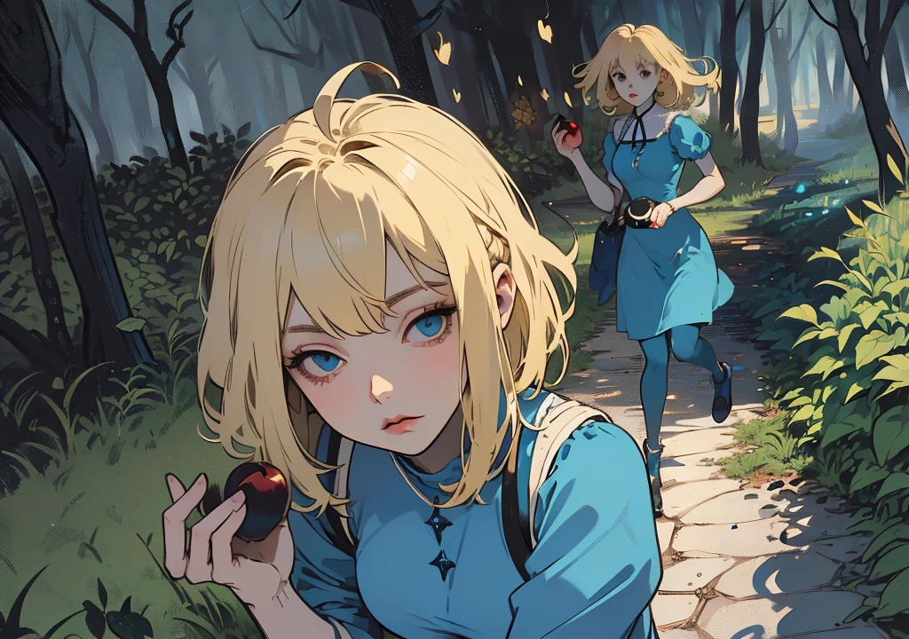 (( A girl, Short blonde hair, light blue dress, holding an apple, forst, Thu, 2d, dark surroundings, different dry leaves,White background