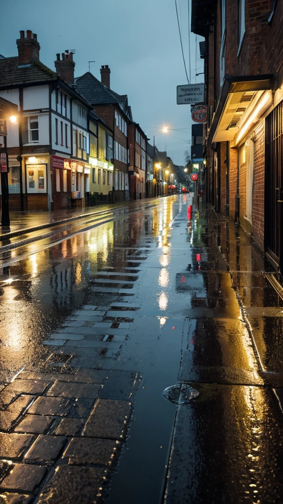 A rain-soaked sidewalk City of night England
