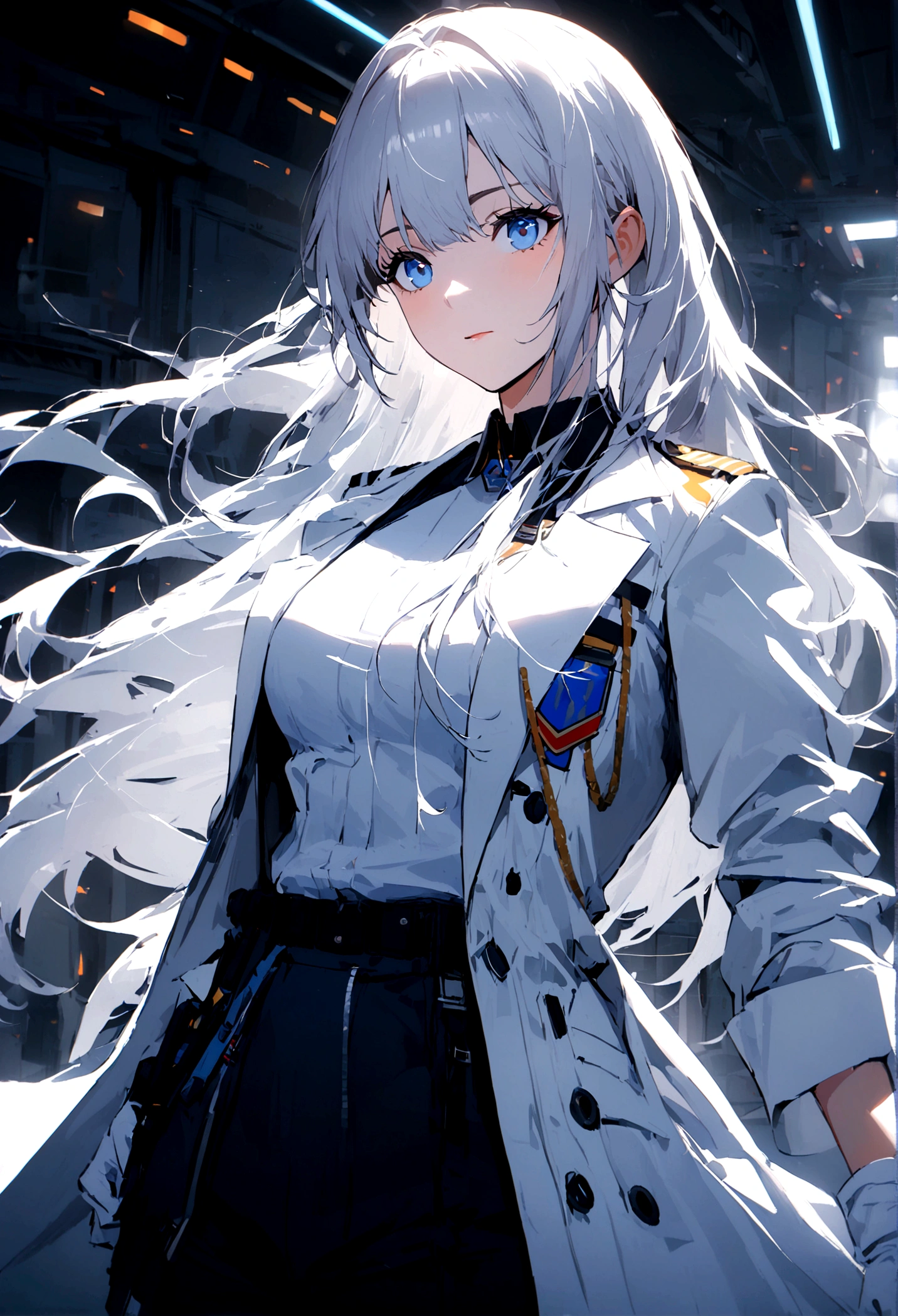 1girl, military uniform, white lab coat, lab coat, white glove, long hair, blue Eyes,