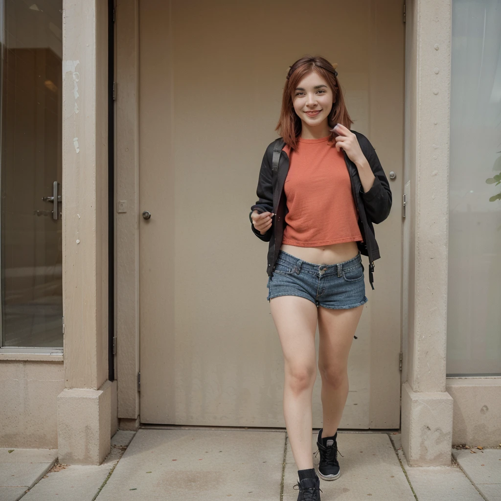 walking through the university, black denim shorts and red blouse, with his backpack, smiling, flirty face