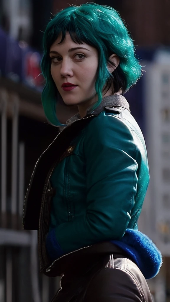 a picture of (ohwx woman:1.1), blue short bob hair,realistic, photorealistic, detailed skin, surface scattering, bokeh, skin pores, cloudy sky,   Toronto city,wearing a jacket,outdoors, looking at viewer,detailed face,subtle smile, Ramona flowers  hair,with Green hair  