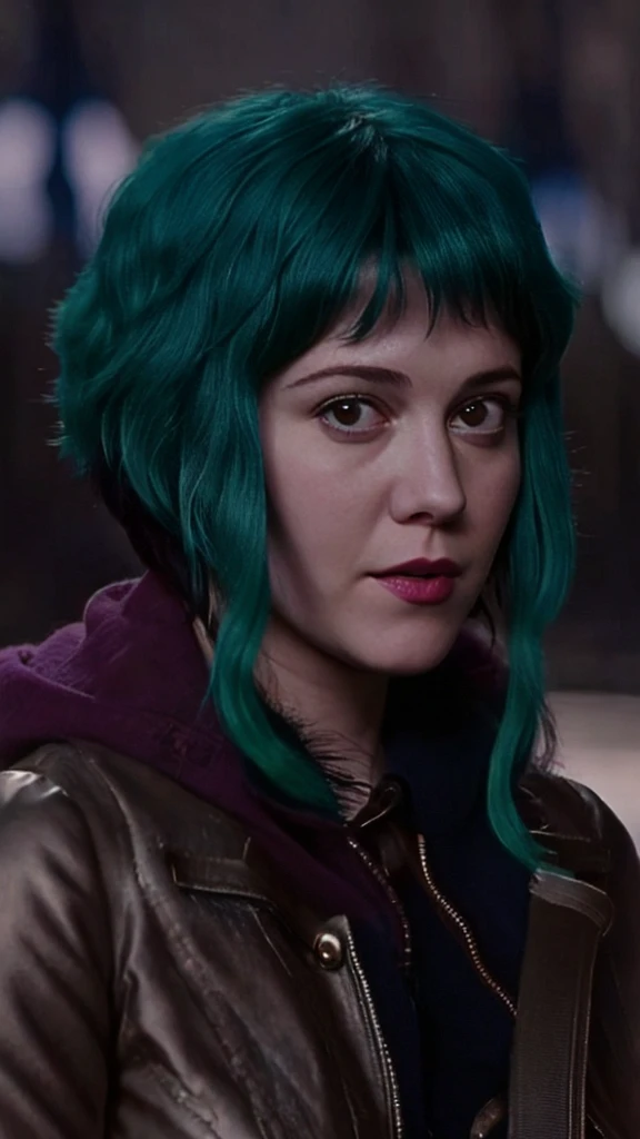 a picture of (ohwx woman:1.1), blue short bob hair,realistic, photorealistic, detailed skin, surface scattering, bokeh, skin pores, cloudy sky,   Toronto city,wearing a jacket,outdoors, looking at viewer,detailed face,subtle smile, Ramona flowers  hair,with Green hair  