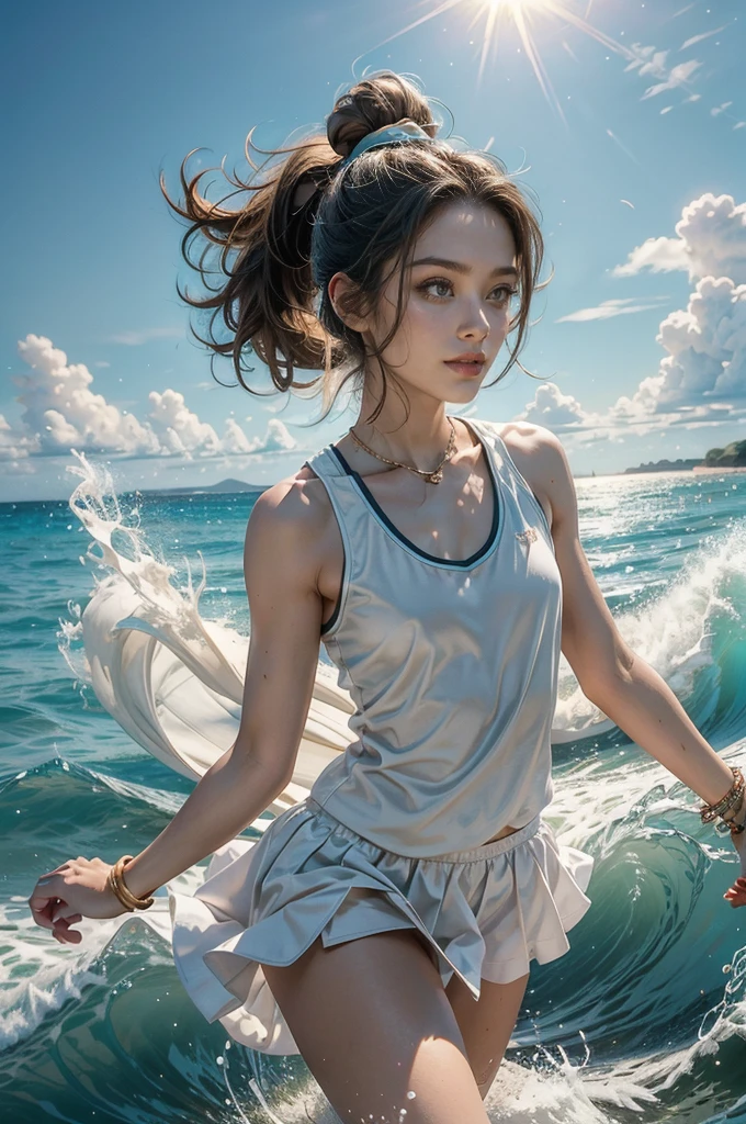 (((best quality))), (((ultra detailed))), (((masterpiece))), illustration, ((a beautiful girl,volleyball player,solo)),((slim,thin)),((small breasts,flat chest)),(short ponytail:1.2),beach, sea, sand,(holding a volleyball:1.3), girl's attire, sun, waves, shore, foam, summer, afternoon, gold sand, vibrant attire, athletic build, sleeveless, short skirt, sports tank top, toned legs, nimble fingers, precise movements, agile arms, teammates, synchronized gameplay, exciting spectacle, onlookers, sand, clear sky, azure, powder blue, white waves, crashing waves, laughter, beachgoers, symphony, essence, summer, seaside, determination, skill, quick reflexes, strategic thinking, victory, infectious energy, unwavering spirit, , joy, youthful exuberance, timeless reminder, magic of summer,((from front,upperbody))
