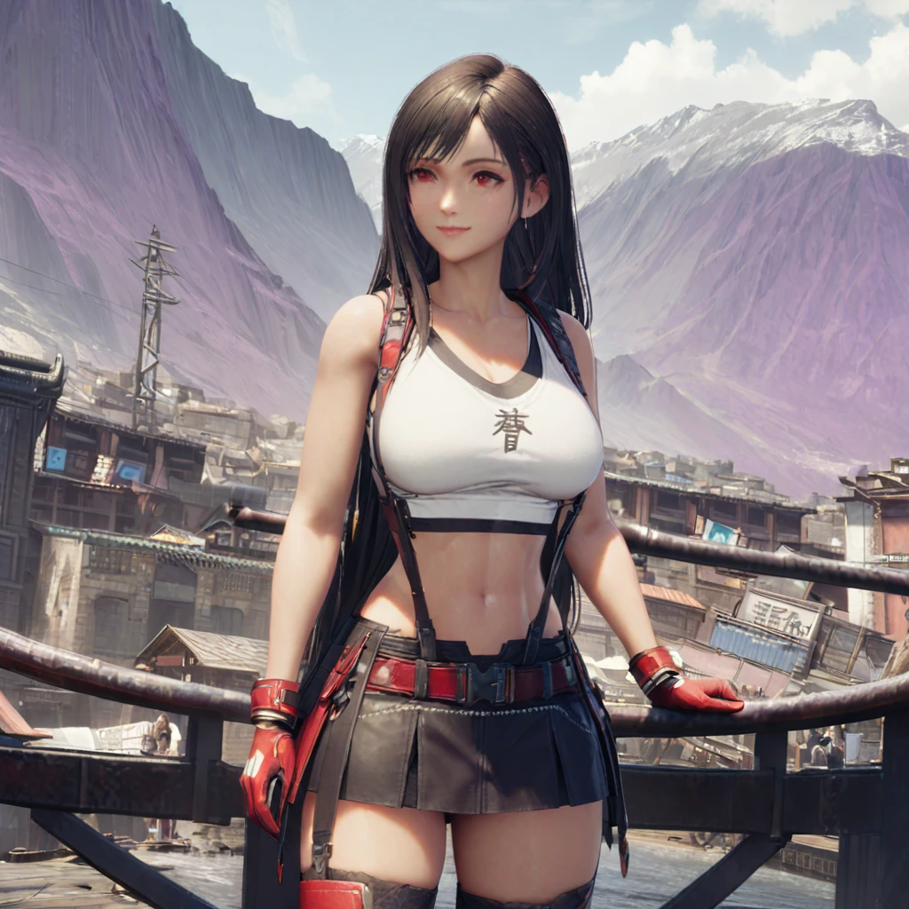 A woman wearing a white shirt with black kanji writing, short black skirt, exposed thigh, red boots, red gloves, exposed abdomen, large breasts, on a platform with purple mountains in the background, daytime location, black hair, long hair, eyes red smiling woman, postured upright,realistic, (woman alone),UHD , prime work , accurate , anatomically correct , textured skin , super details , high quality , best quality, 8k, high resolution, bokeh effect
