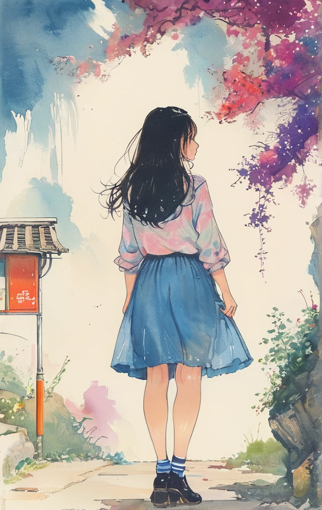 8K,masterpiece,Highest quality, (From below:1.6) ,Dynamic pose,30 years old, 1 Girl, holding a big bouquet,Portraiture, florals, watercolor sketch, Light, Long Hair, smile, watercolor \(Moderate\),watercolor,Plain Tank Top,Plain Light blue sweater,Long skirt、Transparent cartoon girl sketch drawn with neon purple pink lines, Sitting at the bus stop, Rural Scenery, Summer day, a sailor suit、Old townscape、Nostalgic、Detailed landscapes、Rear view、walk、A darK-haired、a picture、Long、Bright face、Look at viewers