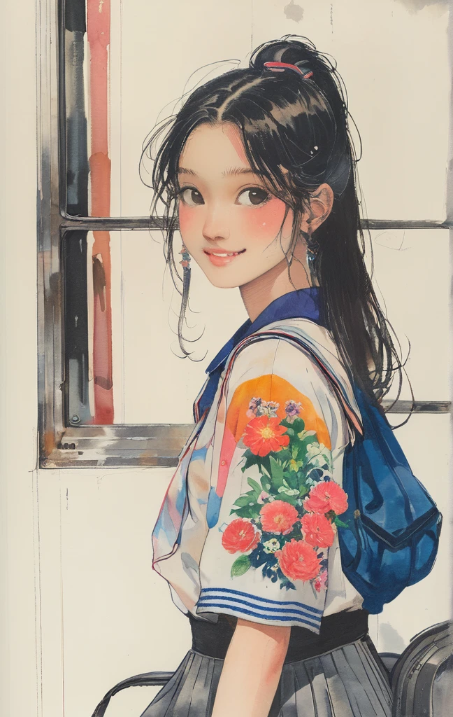 8K,masterpiece,Highest quality, (From below:1.6) ,Dynamic pose,30 years old, 1 Girl, holding a big bouquet,Portraiture, florals, watercolor sketch, Light, Long Hair, smile, watercolor \(Moderate\),watercolor,Plain Tank Top,Plain Light blue sweater,Long skirt、Transparent cartoon girl sketch drawn with neon purple pink lines, Sitting at the bus stop, Rural Scenery, Summer day, a sailor suit、Old townscape、Nostalgic、Detailed landscapes、Rear view、walk、A darK-haired、a picture、Long、Bright face、Look at viewers