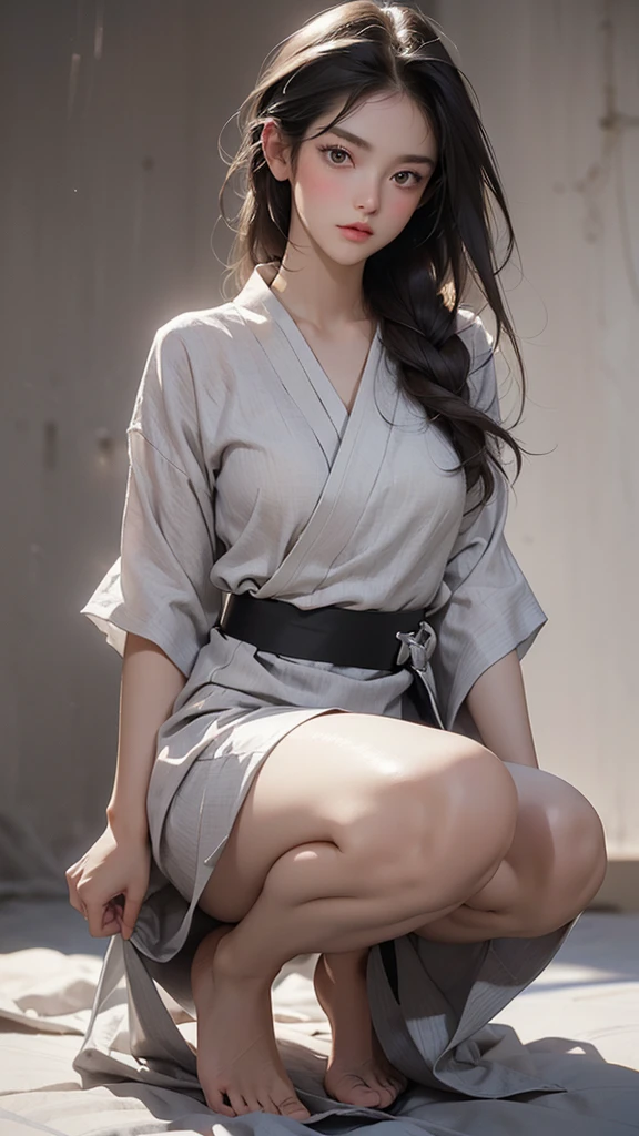 ((best quality, 8K, masterpiece :1.3)), Clear focus:1.2 , Photorealistic,(light),Facial detail texture. Eye details. Double eyelids, slim body. Super small breasts, Sexy clavicle,12 year old girl, Photo-realistic:1.37,Perfect eyes, ((1 Girl in a gray yukata)),(White belt),(Thick cloth),((Ripped Linen)),There are pictures,Dark brown hair,Long hair draped loosely,Bangs,Kneeling in the snow,barefoot,Put your hands behind your back,Kneeling,Full body portrait,Short sleeve,Short skirt,Show your thighs,Wrinkles,((Solid color background)),Very shy,blush,Get wet