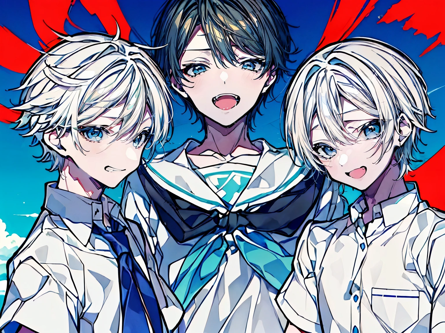 (Mastepiece), (Best Quality), Very detailed, (Two friendly boys:1.5)，High school boys、Shooting from below、Solo Shooting，Perfect Face, Beautiful Face, Very detailed顔，(黒髪のHigh school boys1人:1.3)，(白髪のHigh school boys1人:1.3)、(short hair:1.3)、(Happy Face:1.4)，(Laughing with your mouth open:1.3)，(Short-sleeved white shirt:1.4)、(Windになびく髪:1.4)，(youth:1.3)、The atmosphere that seems to disappear，(blue sky_cumulonimbus)、summer、ephemeral、Sweat、Wind、sunlight