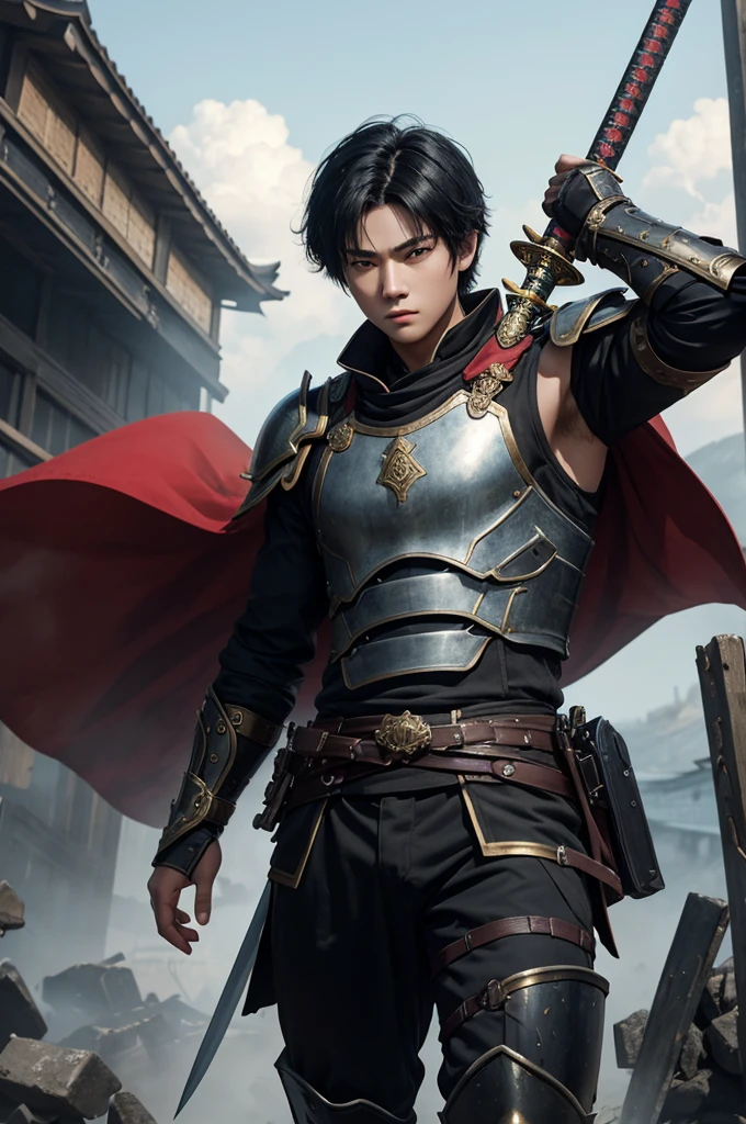 8K、solo、appearance of the whole body、１６Year old boy,Handsome boy,handsome boy with dark eyes,Black hair short bob hair,black and red armor,Golden decoration(Armed with a long Japanese sword)、facing the front there、ruins,magnificent artwork,Wind effect:1.9、cloud effect:1.2、Full Rendering、Encaustic Painting、unrealengine、