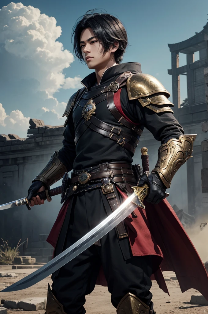 8K、solo、appearance of the whole body、１６Year old boy,Handsome boy,handsome boy with dark eyes,Black hair short bob hair,black and red armor,Golden decoration(Armed with a long Japanese sword)、facing the front there、ruins,magnificent artwork,Wind effect:1.9、cloud effect:1.2、Full Rendering、Encaustic Painting、unrealengine、
