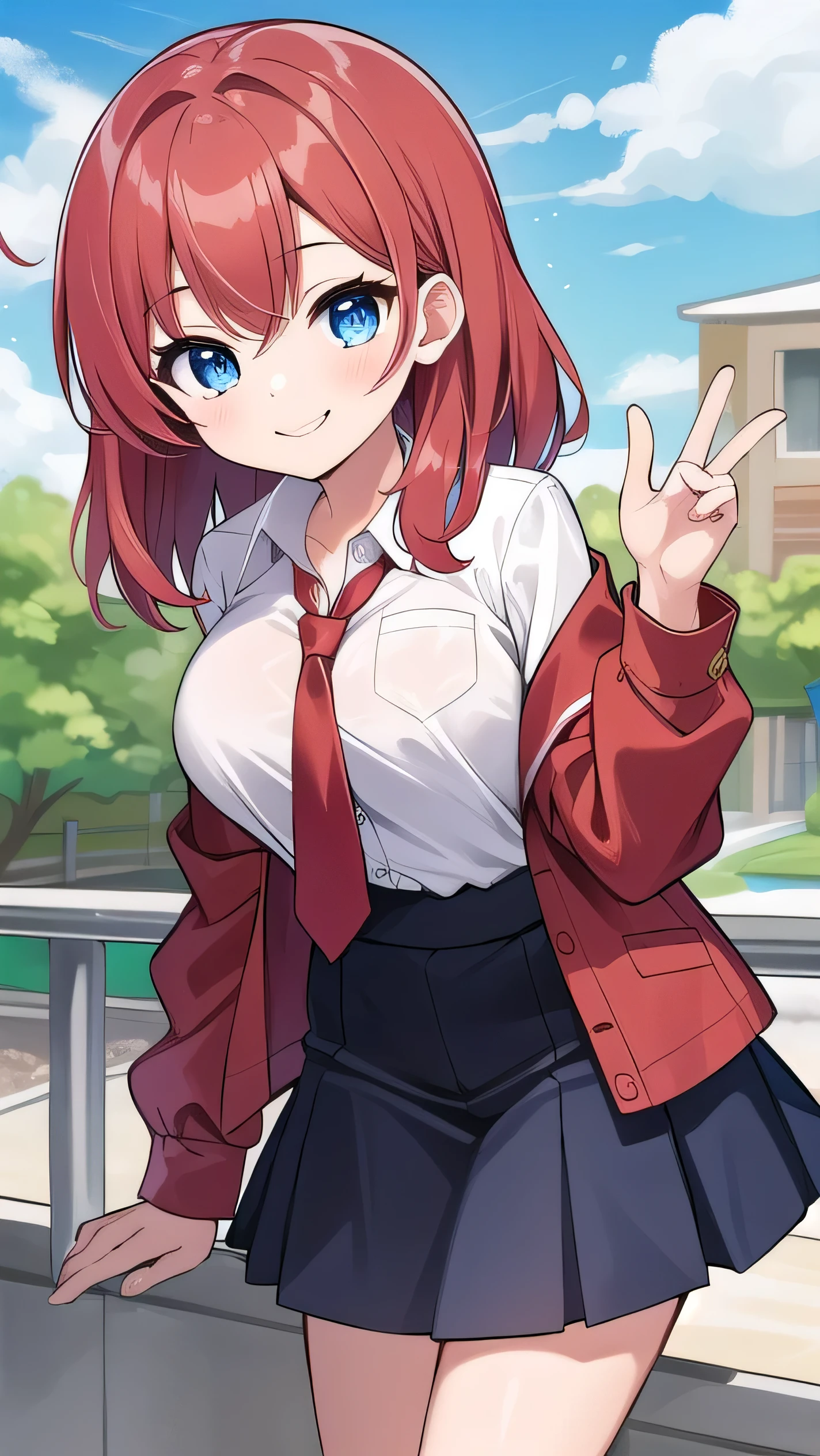 Big breasts, red hair, blue eyes, droopy eyes, red jacket, long sleeves, navy skirt, elementary school student, (super big breasts:1.1), (medium hair: 1.2), baggy clothes, elementary school student, young face, short height, 10 years old, old, shy A shy guy, smiling a little, trying to open the buttons of his shirt, white shirt, red tie，(straight hair:1.2) , gentle smile, a little smile