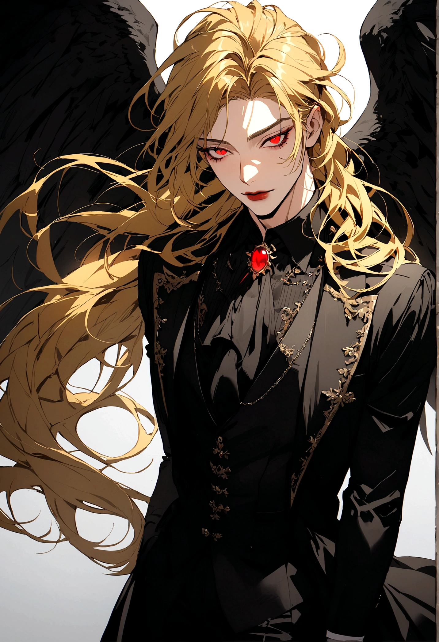 only 1 man, very handsome man, golden hair with long hairstyle, Red eyes, wears black suit and black wings, vampire vibes