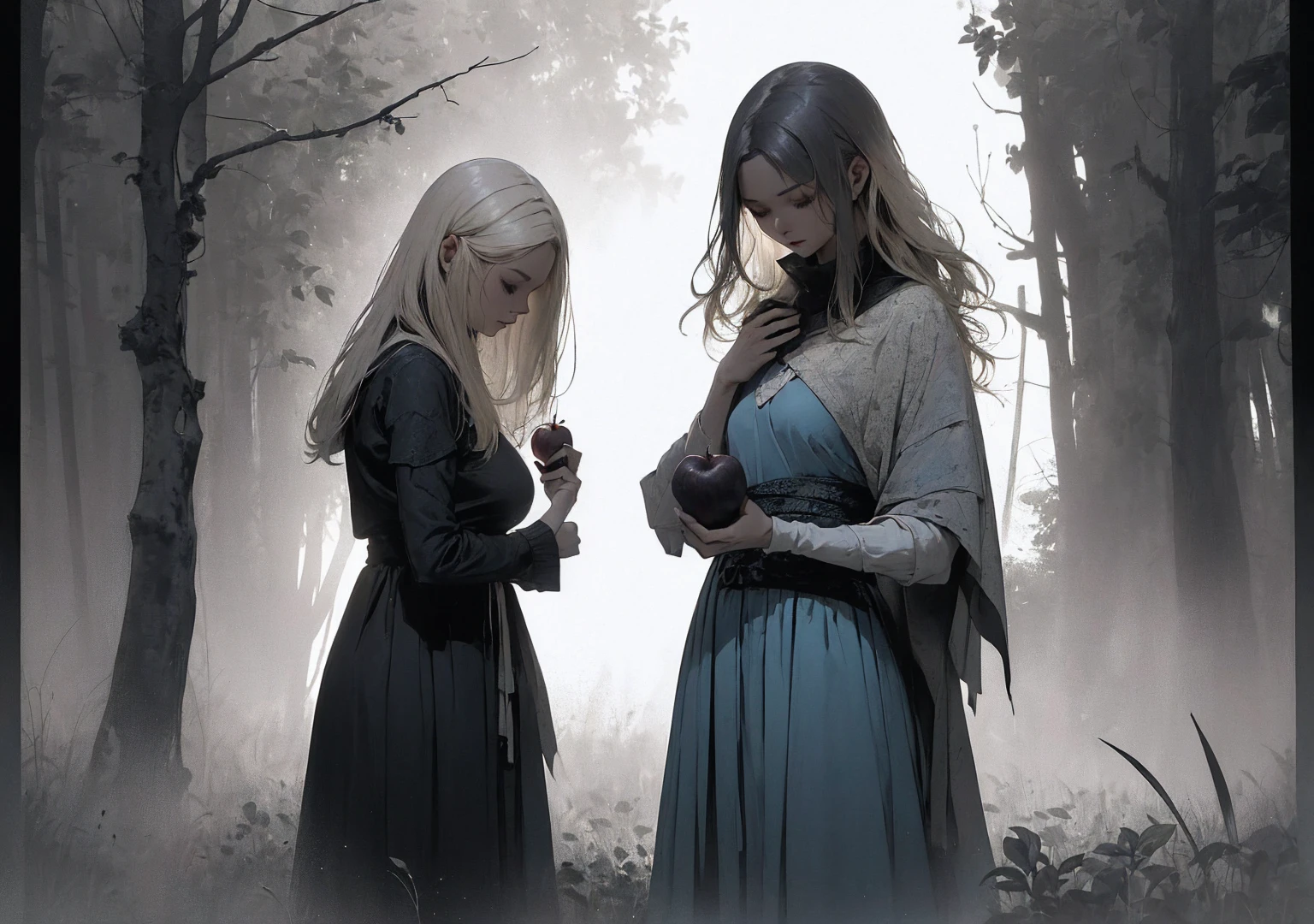 (best qualityer, 4K, ultra detaild, realisitic, bright coloured, bokeh), ( dark atmospher), be abominable, deep darkness, Play of light and shadows, particles. (( A girl, Short blonde hair, light blue dress, holding an apple, forst, Thu, 2d, dark surroundings, different dry leaves,White background