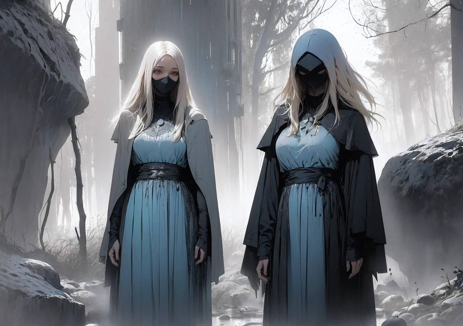 (best qualityer, 4K, ultra detaild, realisitic, bright coloured, bokeh), ( dark atmospher), be abominable, deep darkness, Play of light and shadows, particles. (( A girl, Short blonde hair, light blue dress, holding an apple, forst, Thu, 2d, dark surroundings, different dry leaves,White background