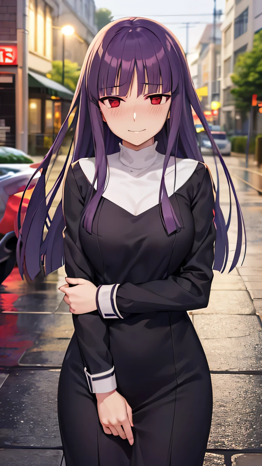 source_anime, rating_safe a_fujino, 1girl, anime coloring, solo, long hair, purple hair, blunt bangs, red eyes, empty eyes, half-closed eyes, blush, evil smile, shaded face, closed mouth, middle breasts, standing, cowboy shot, night, rainy street background, a_fujino, full body, standing, slander, straight on, adult, detailed face, beautiful face, naked body