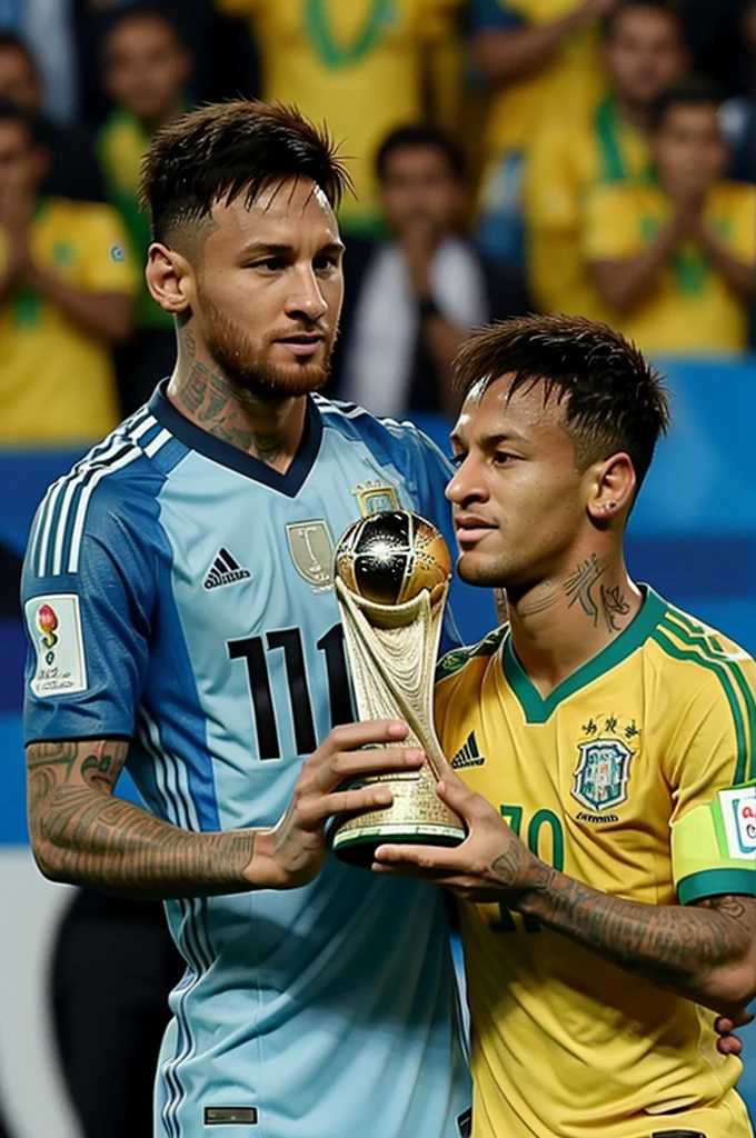 Argentina's Messi is handing over the FIFA World Cup to Brazil's Neymar. Neymar's jersey wears jersey number 10 and Messi's jersey wears jersey number 10. The one crying is Neymar and the one giving the cup is Messi.
