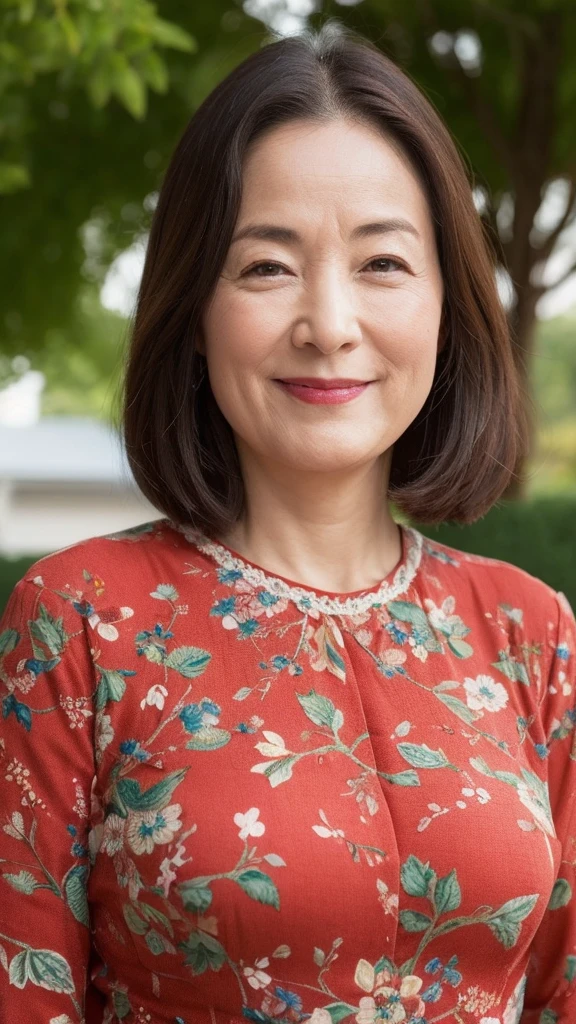 , Standing in the park, Wrinkles around the eyes, Smiling with teeth showing, Japanese painting, senior citizen, Draw lips correctly, Red lipstick, No discomfort, 16K, Highest quality, Very detailed, Realistic, Very detailed肌, (Japanese), (alone), 100 years old, Large Breasts, , Glamour, sexy, Chromo White Skin, Staring straight ahead,