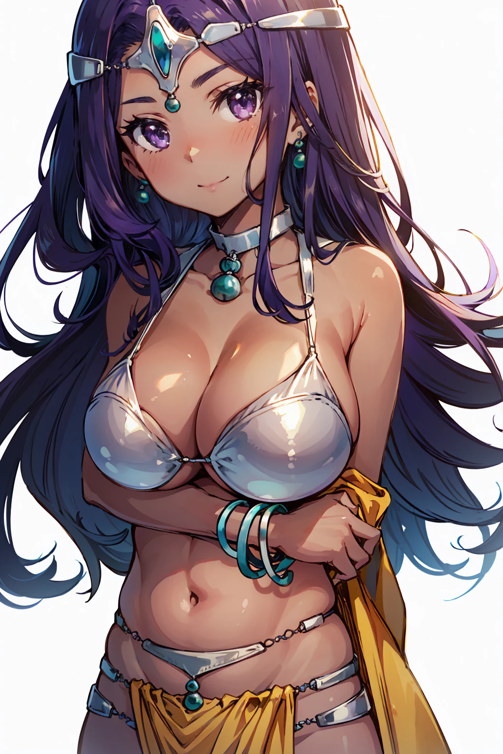 One girl, alone, dqmanya, White Background, Cowboy Shot, Purple Hair, bikini, Loincloth, Large Breasts, Cleavage, Soft belly, Circlet, Earrings, choker, bracelet, Bracelet, Mouth closed, smile, blush、shame、Big Breasts、A little plump