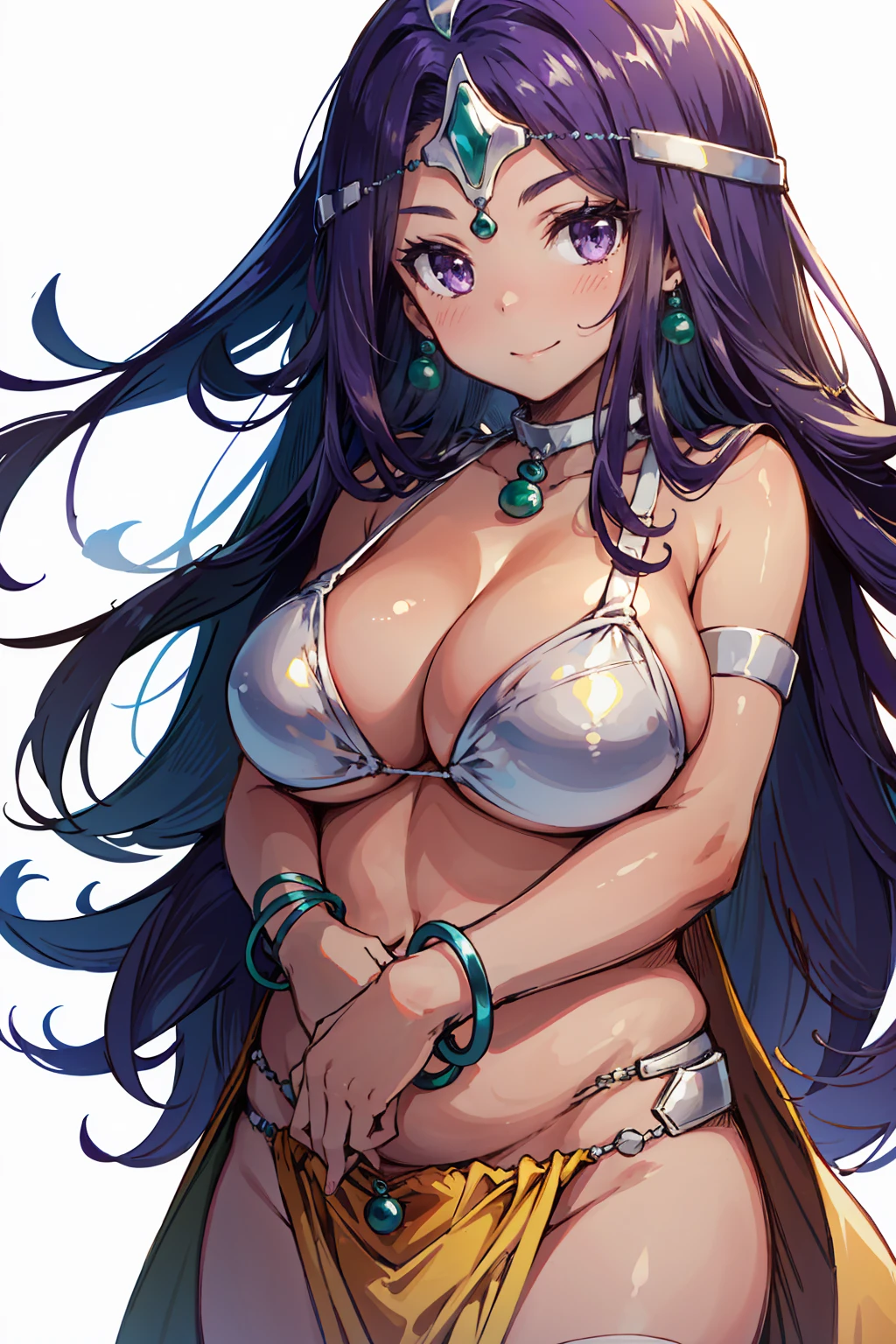 One girl, alone, dqmanya, White Background, Cowboy Shot, Purple Hair, bikini, Loincloth, Large Breasts, Cleavage, Soft belly, Circlet, Earrings, choker, bracelet, Bracelet, Mouth closed, smile, blush、shame、Big Breasts、A little plump