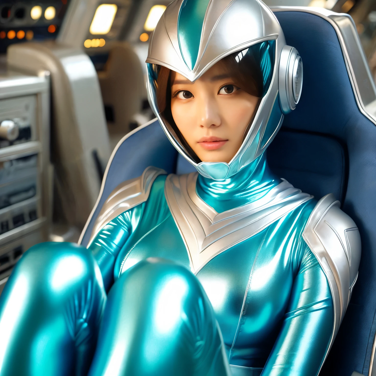 A close up of a woman in a shiny blue suit sitting in a car - SeaArt AI