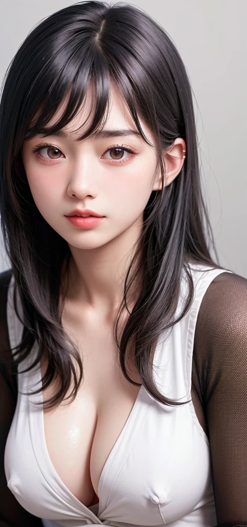 (1 nogizaka girl,ars old face,raw photo,photo realistic:1.5),(best quality, high quality,HDR, highest quality,ultra high resolution,high resolution,high res,ultra high difinition,huge file size,8K,2K wallpaper,8K wallpaper,high quality texture,amazing,an extremely delicate:1.4),one girl, Japanese famous idol,cute face,small face,absurd,ridiculous,incredibly ridiculous,blurry background,(goddess costume,short hair,cleavage,erect nipples,no makeup:1.2),medium skin,beautiful skin,detailed skin,black hair,silky hair,black eyes,Japanese nose,5-fingers,(Light Particles, Lens Flare, Luminous Particles: 0.7),looking at viewer,bright lighting,professional lighting,girl